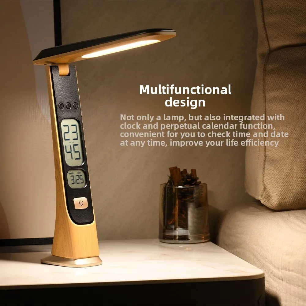 2026 Foldable Touch Control LED Desk Lamp With Clock Rechargeable Plug-in Portable Reading Light For Dorm Study