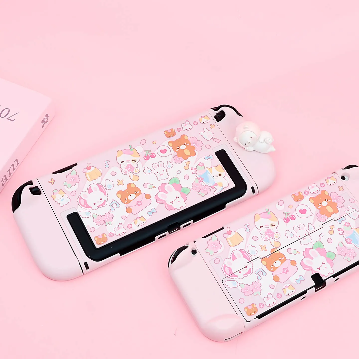 Protective Case For Switch Ns Oled Original Cherry Blossom Rabbit Bear Split Hard Cover Anti Scratch Gaming Accessory