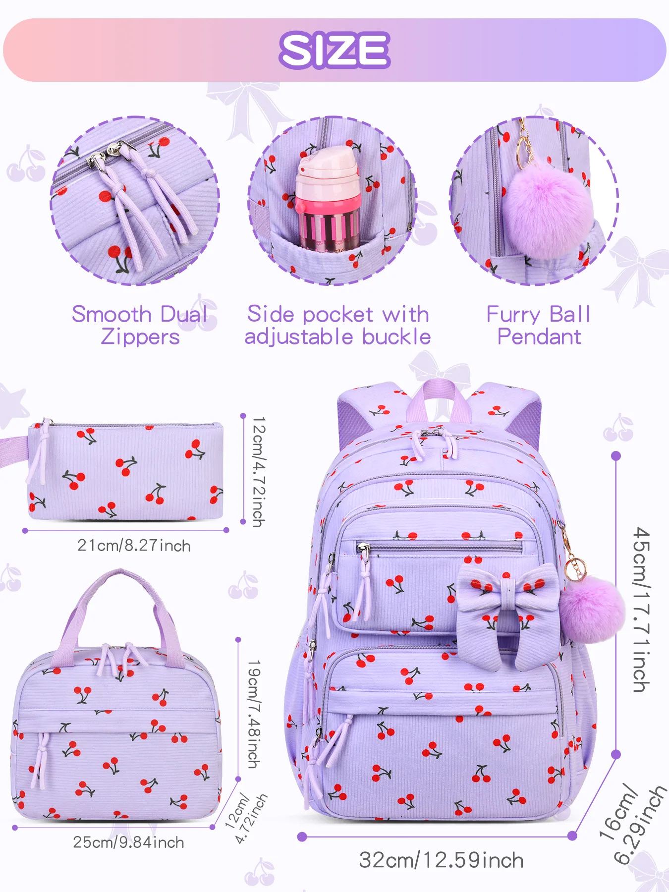2026 High Quality Corduroy Three Piece Backpack with Cherry Pattern Princess Large Capacity Lightweight School Bag
