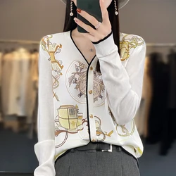 Spring Autumn Women 100% Wool Silk Stitching Sweater New V-neck  Printing Cardigan Casual Knitted Soft Jacket Slim Warm Tops