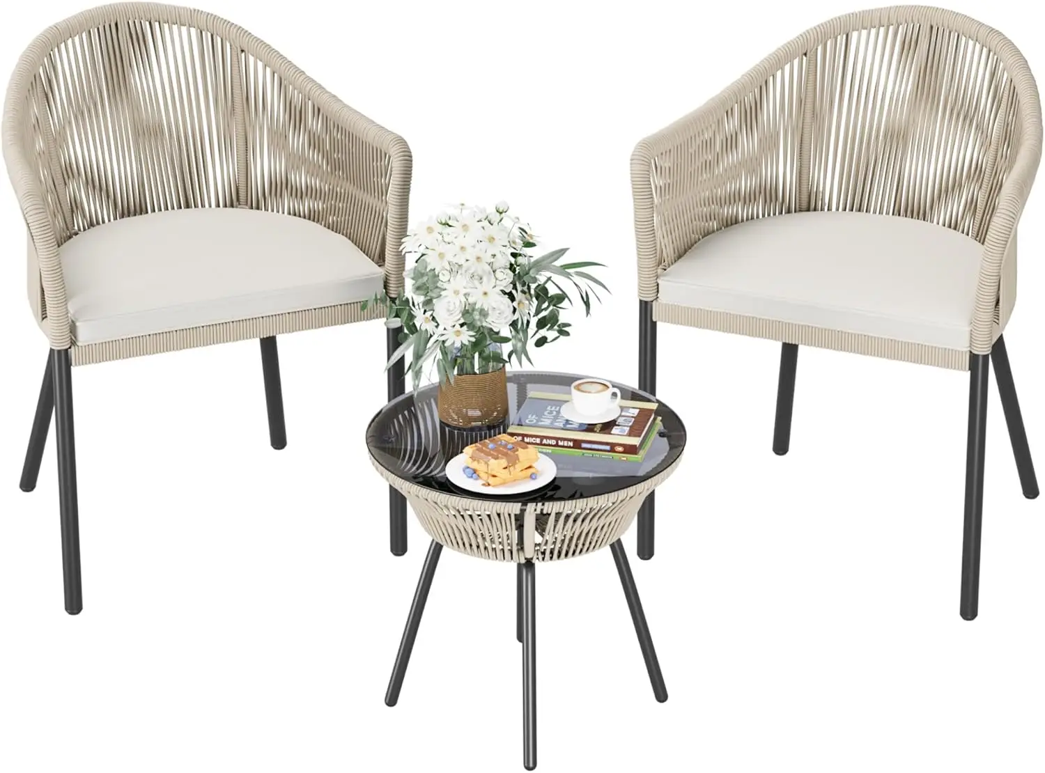 Terrassenmöbel-Set, 3-teiliges Bistro-Set aus Seilgeflecht, Outdoor-Gesprächsset mit 2 breiten Stühlen, Kissen und Tisch aus gehärtetem Glas