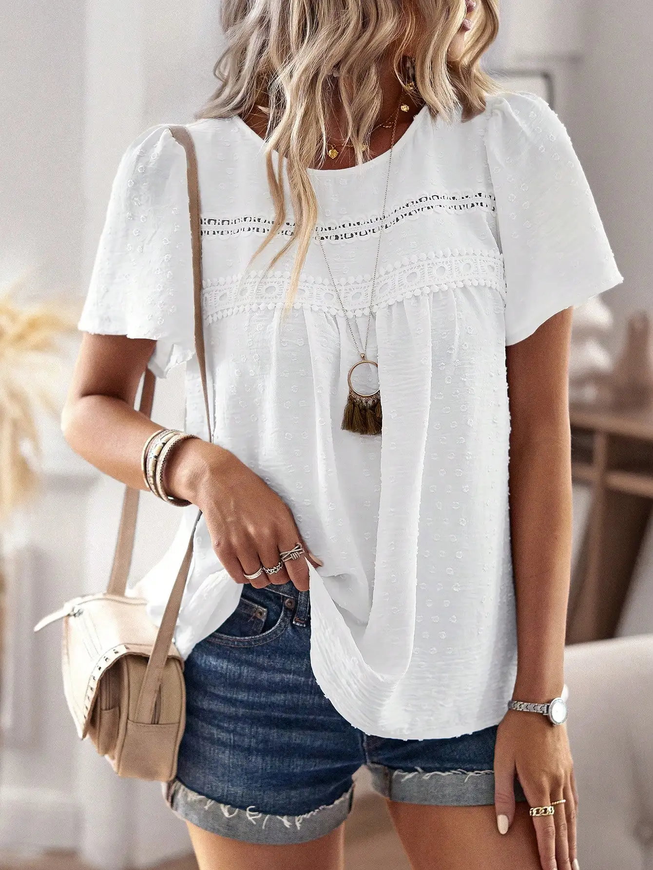 

White Swiss Dot Butterfly Sleeve Blouse Short Sleeve Casual Top