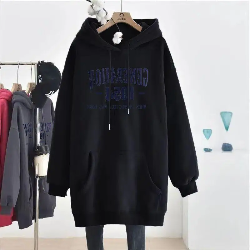 Women\'s Autumn and Winter Fashion Casual Elegant Pullover Round Neck Print Plush Thickened Loose Long Sleeve Mid Length Hoodie