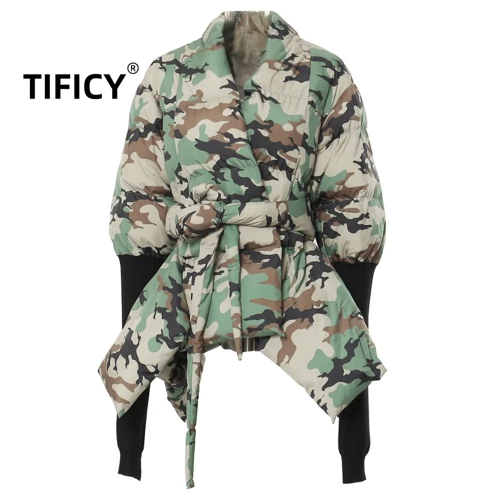

High Street Padded Jackets Coats Women's Winter Warm Camouflage Personalized Splicing Knitted Cuffs Waist Padded Jacket