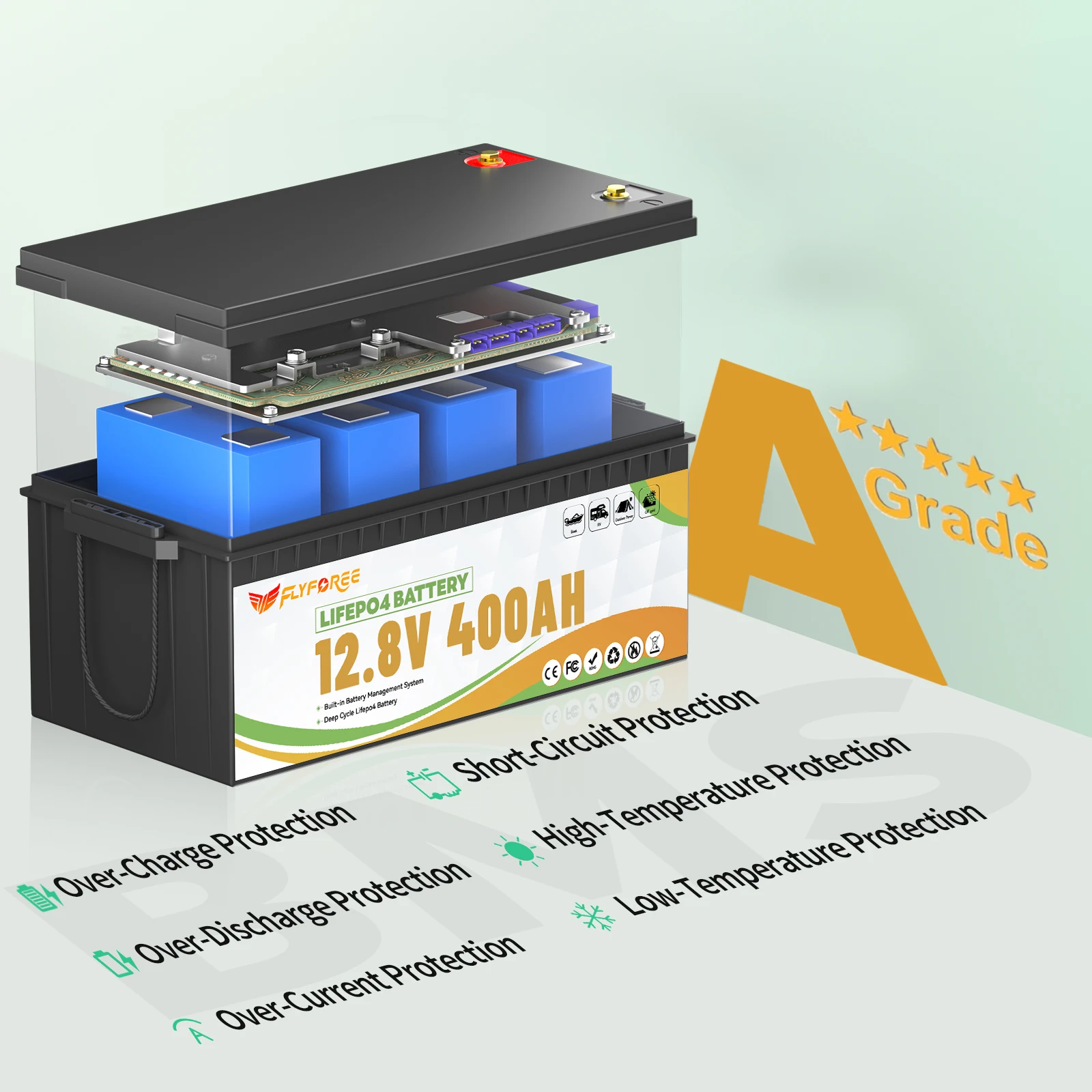 FLLYROWER 12V 400Ah LiFePO4 Lithium-Batteriepack mit BMS 200A für Heimenergiespeicher, Wohnmobil, Offroad, Outdoor, Trolling-Motor – Detail 6