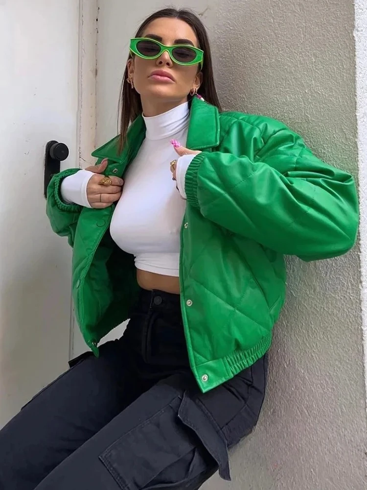 

Women Long Sleeve Single Buttons Turn Down Collar Coats Fashion Outwears Vintage Green Leather Loose Jackets