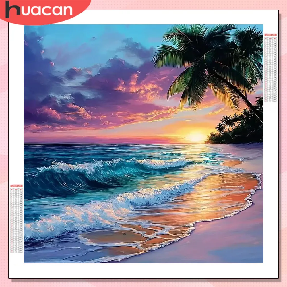 HUACAN Diamond Mosaic Kits Seaside Landscape Full Square Round Drill Diamond Painting Beach Sunset Full Drill Rhinestones