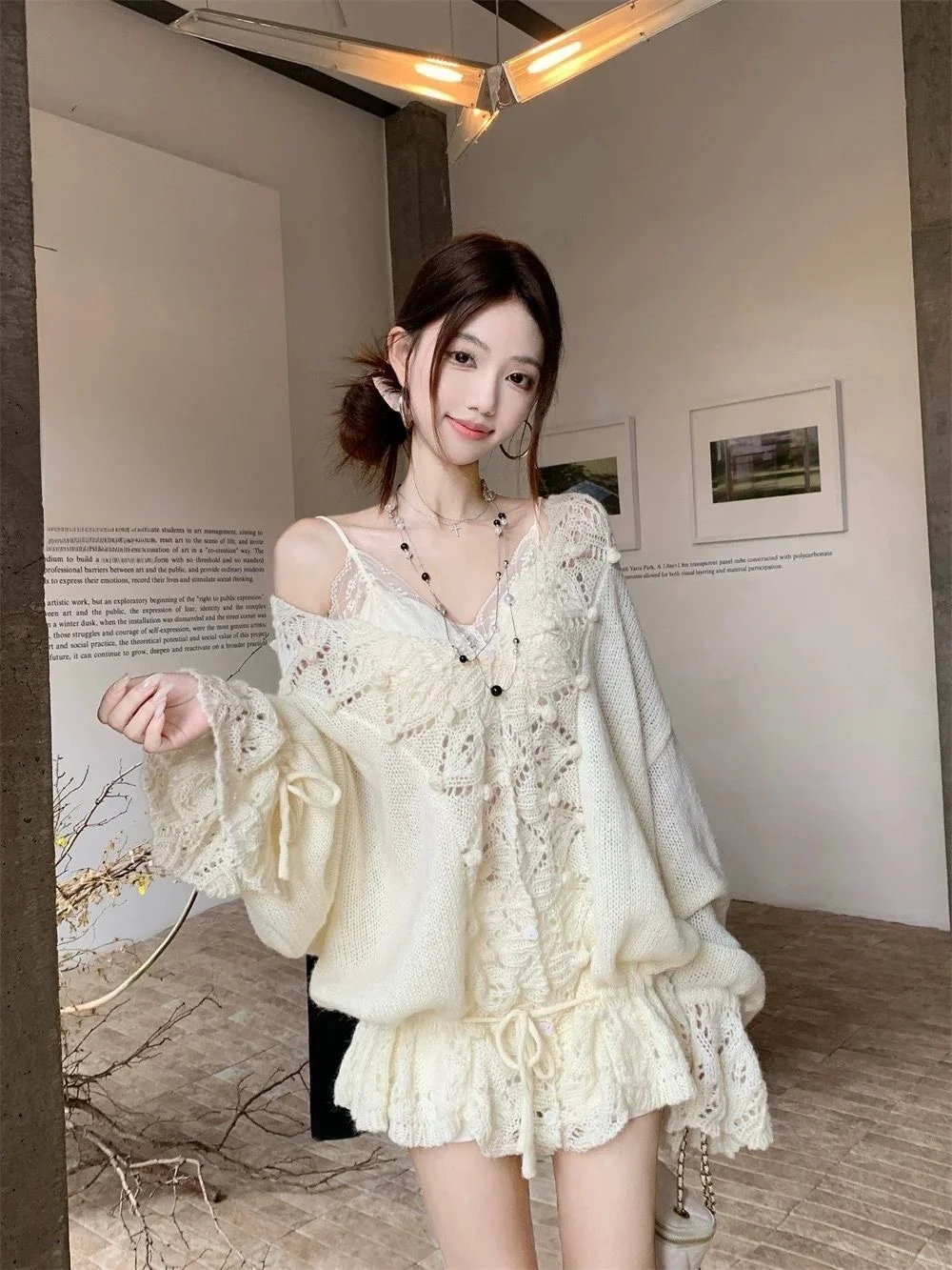 

KING BRAND V-Ne Lace Trim Knitted Open Cardigan Women's Loose Waist-Cinching Top White Autumn New Sle Comfortable Sweater