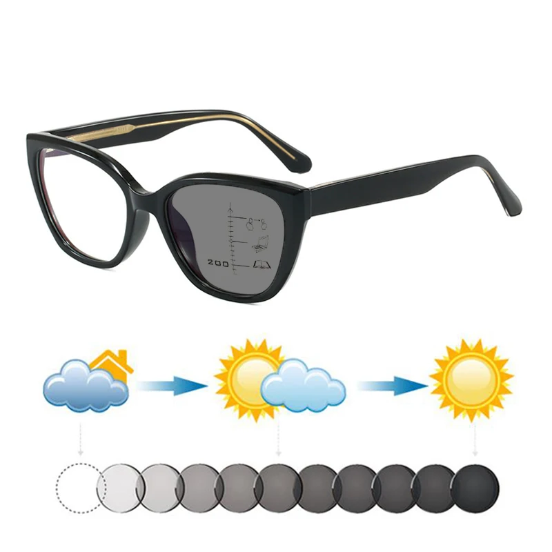 

Женские и мужские солнцезащитные очки TR с прогрессивными мультифокальными фотохромными линзами «кошачий глаз» для чтения, с коррекцией дальнозоркости, для зрения вблизи и вдаль