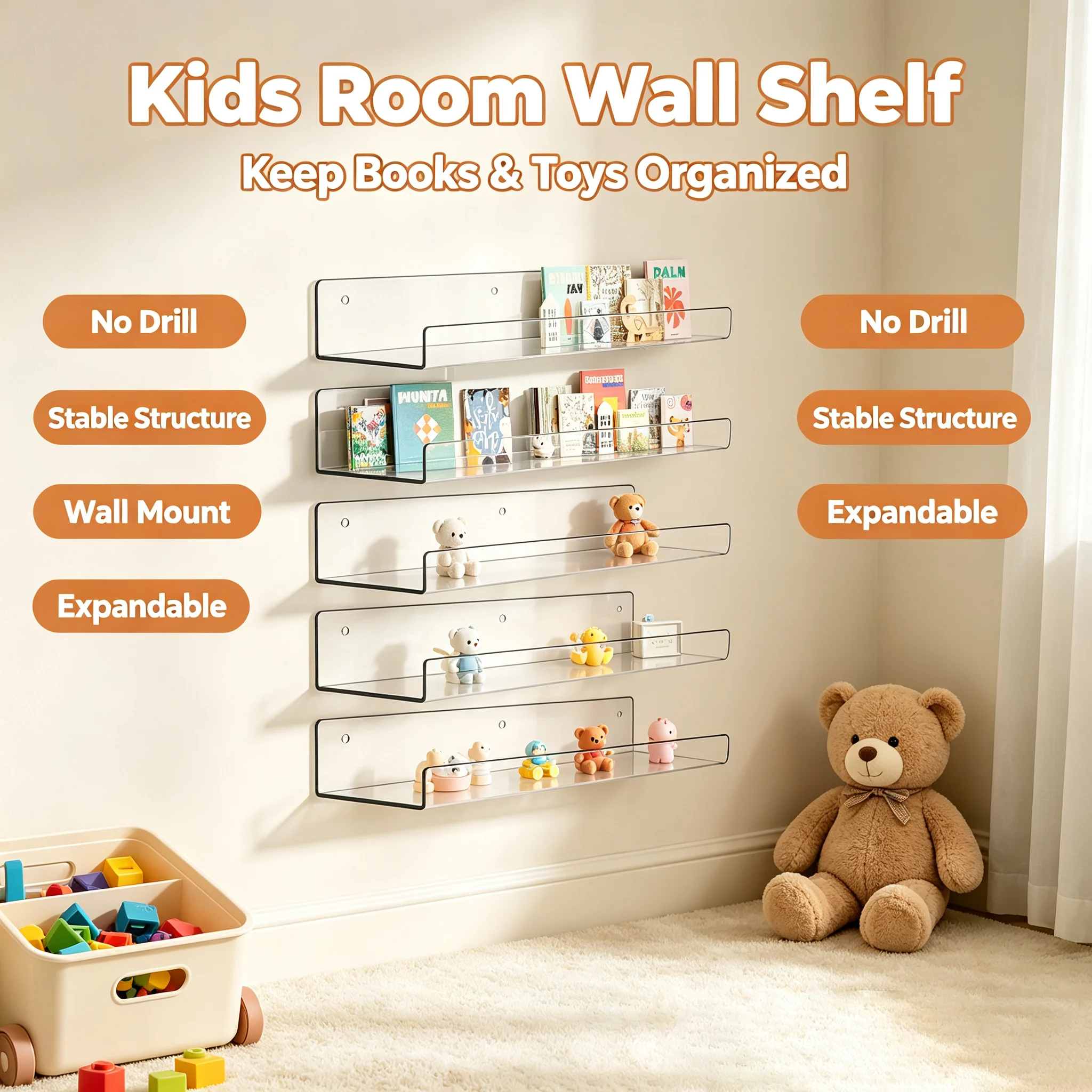 1-5 PCS Home Acrylic Shelf U-Shaped Wall Mounted Clear Display Rack No-drill Storage Rack for Action Figures Books Collectible