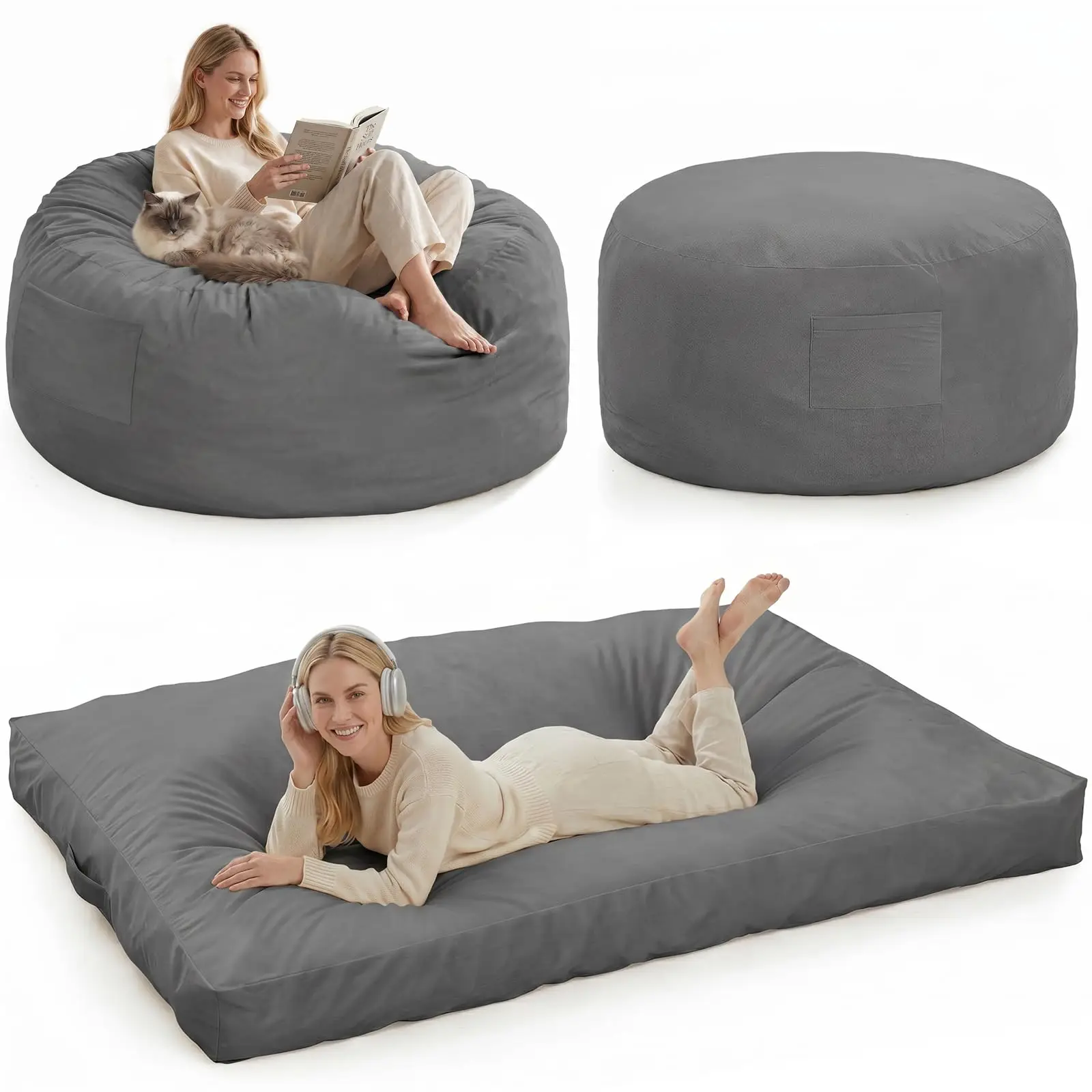 Oversized 4ft Memory Foam Bean Bag Sofa, 4-in-1 Convertible Lounger & Bed, Removable Washable Velvet Cover, Soft Floor Seating for Adults & Teens, Ideal for Living Room or Gaming