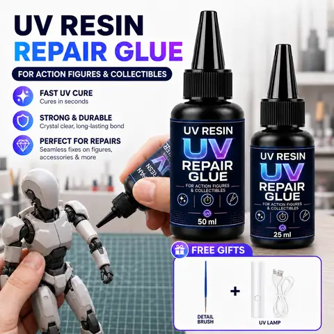 UV Resin Repair Glue Kit 25ml/50ml for Action Figures, Collectibles, Miniatures and DIY Modelswith UV Lamp and Fine Brush Tool