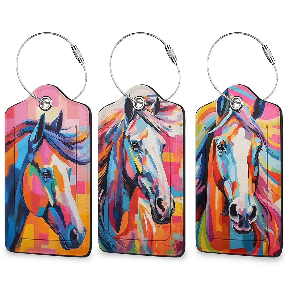 

Free ShippingColorful Horse 3 Pack Luggage Tag for Suitcase, Leather Bag Tags with Privacy Cover ID Label and Durable Steel Loop