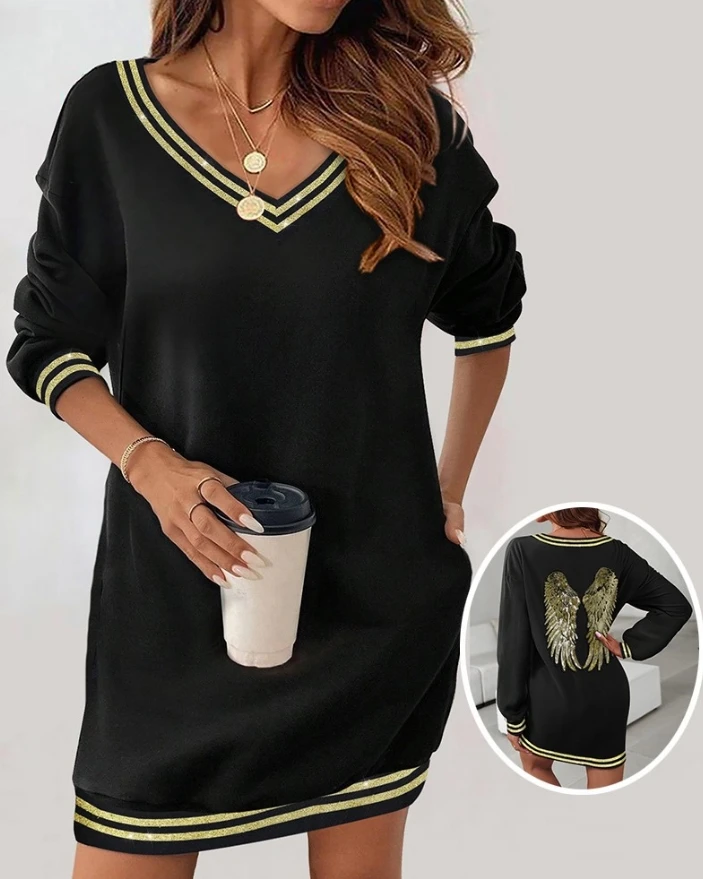 

Women's Dress Casual Striped Tape Patch V-Neck Wings Pattern Contrast Sequin Long Sleeve Pocket Design Straight Mini Dress