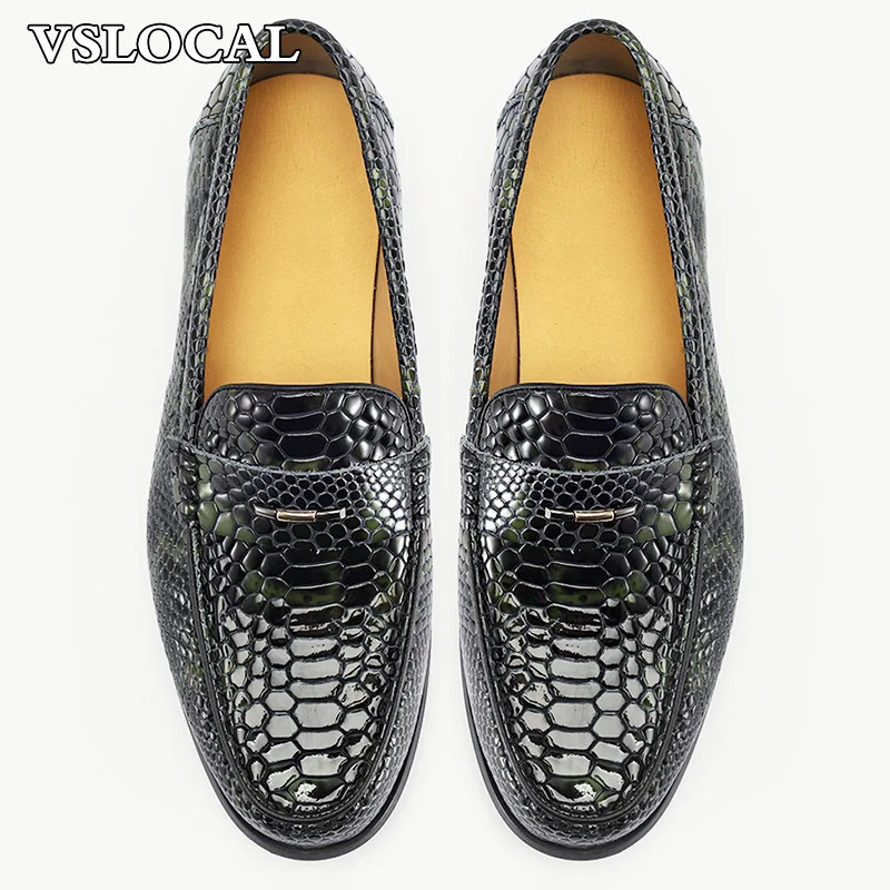 

Luxury Men Loafers Shoes Slip On Snake Prints Casual Mens Dress Shoes Wedding Office Banquet Genuine Leather Shoes Men