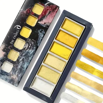 Golden Artistry: 6 Metallic Watercolor Paints Including Lustrous Gold for Professional