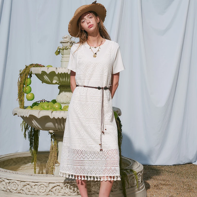 ELFSACK Women's T-Shirt with Hollow Out Lace Dress Set, Basic White Short Sleeve Tee and Crochet Slip Dress, Boho Suit