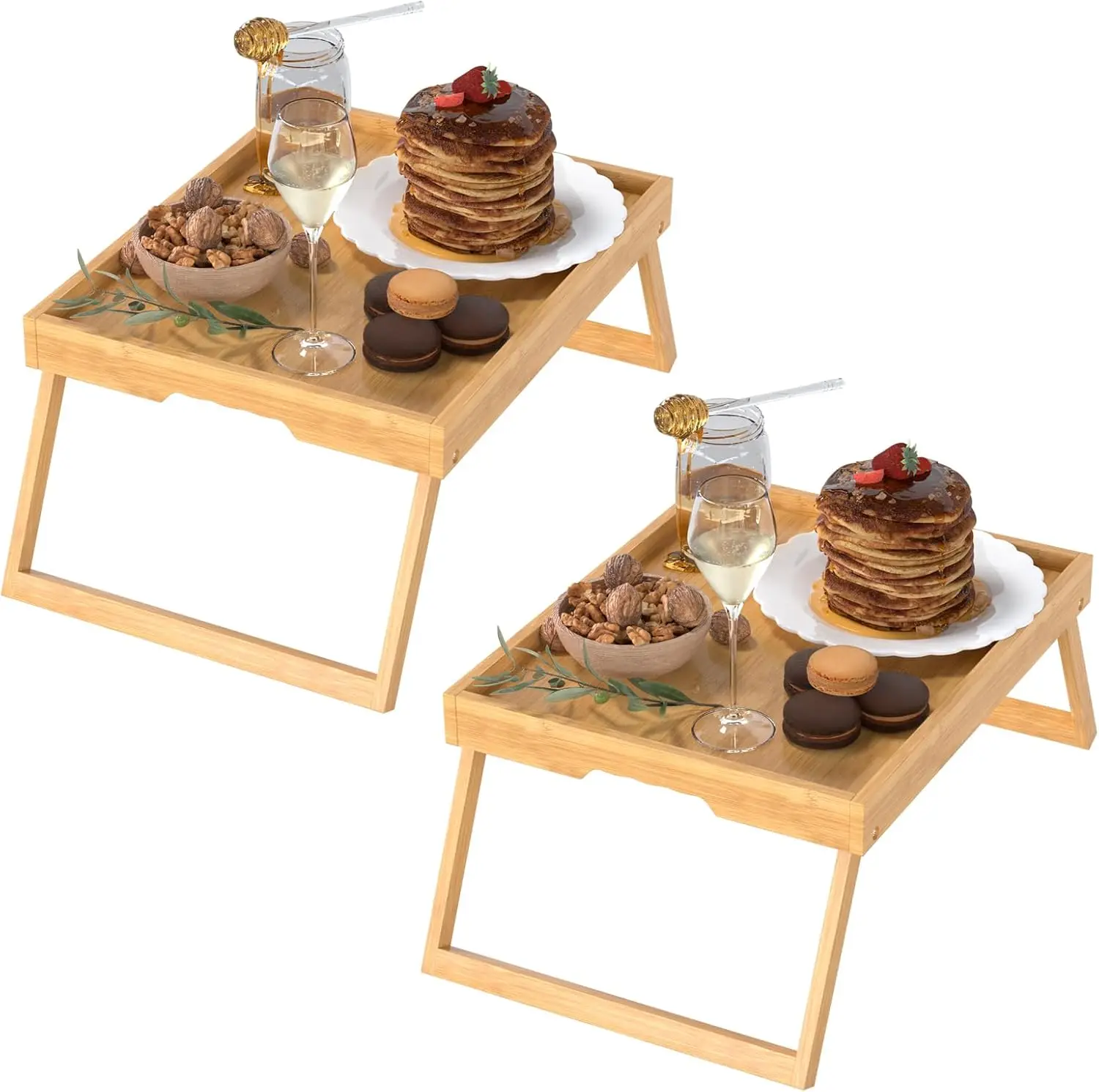 

2 Pa Bed Tray Table With Foldable Legs, Bamboo Breakfast Tray For Sofa, Beds, Eating, Working, Tv Table, Food, Dinner, Computer