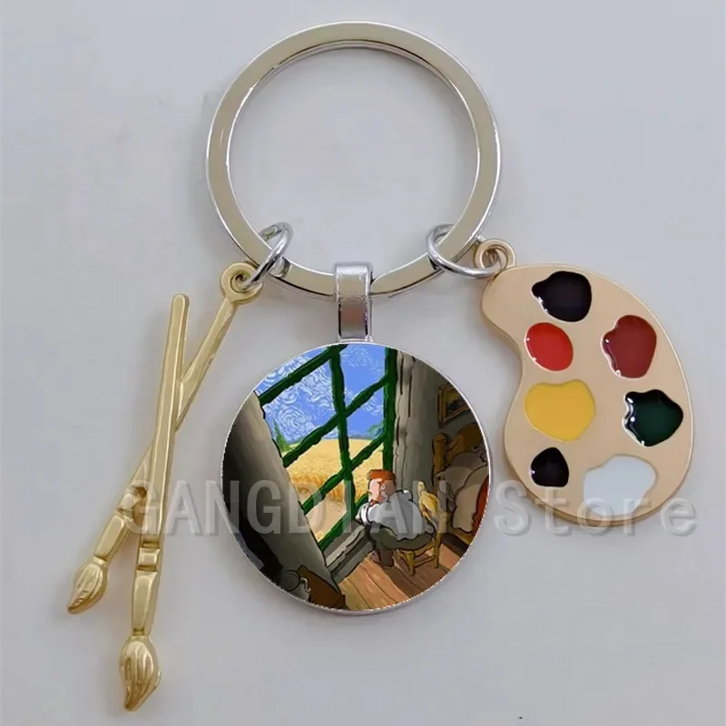 Drip oil palette accessories starry sky illustration, Van Gogh starry sky retro art Van Gogh sunflower aesthetic keychain gift