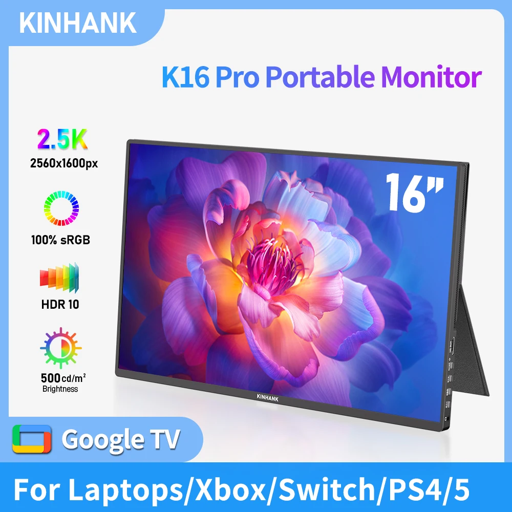 

16inch 2.5KPortable Monitor 144Hz RGB100% With Android 12 Google TV OS Laptop Phone PS4/5 Switch Extended Display IPS HDR Screen