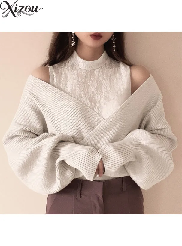 Damskie swetry z dzianiny w stylu japońskim na rok 2025, z odkrytymi ramionami, koronkowym kołnierzykiem, patchworkiem, długimi rękawami, dopasowany sweter, koreański pulower, jednolity kolor.