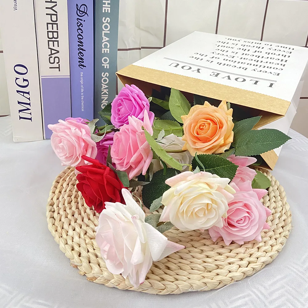 

Birthday Party Decoration 12PCS/lot Real Touch Rose Flower Moisturizing Feel Fake Flower Bedroom Home Living Flore Branch