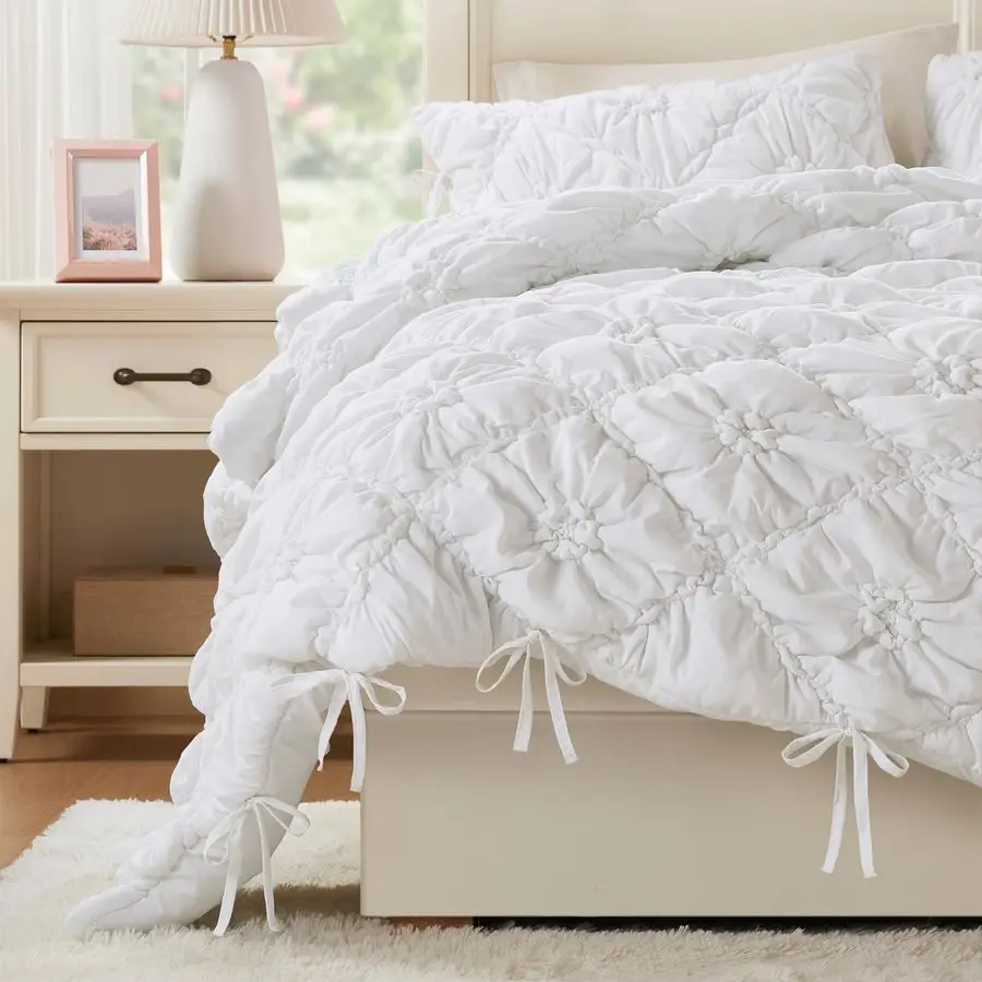 

Queen Comforter Set White Lily Puffy Floral Shabby Chic Boho Bedding, UltraSoft, Lightweight amp AllSeason, Full Queen
