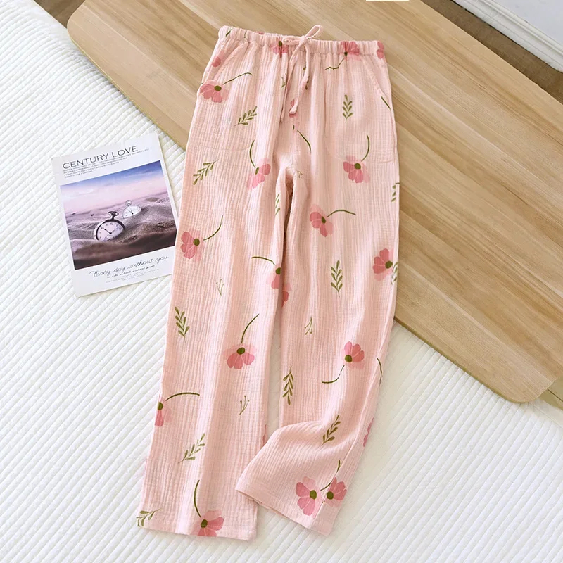 2024 Japanese Spring/Summer New Women\'s Pajama Pants 100% Cotton Crepe Pants Sweet and Cute Pajama Pants Ladies Loose Home Pants