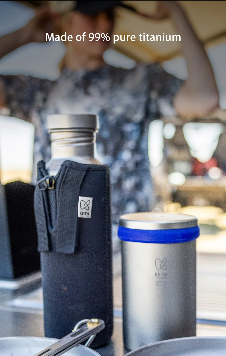 KEITH Sportflasche aus reinem Titan, ultraleicht, tragbar, auslaufsicher, mit Aufbewahrungstasche für Outdoor-Camping, Wandern, Fitness – Detail 3