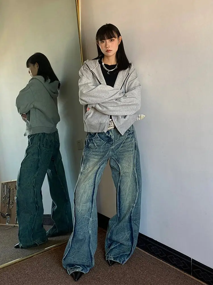 Womens Jeans with Three-dimensional Line Boyfriend Baggy Loose Wide Straight Leg Casual Denim Pant @harajuku y2k hiphop bf cloth