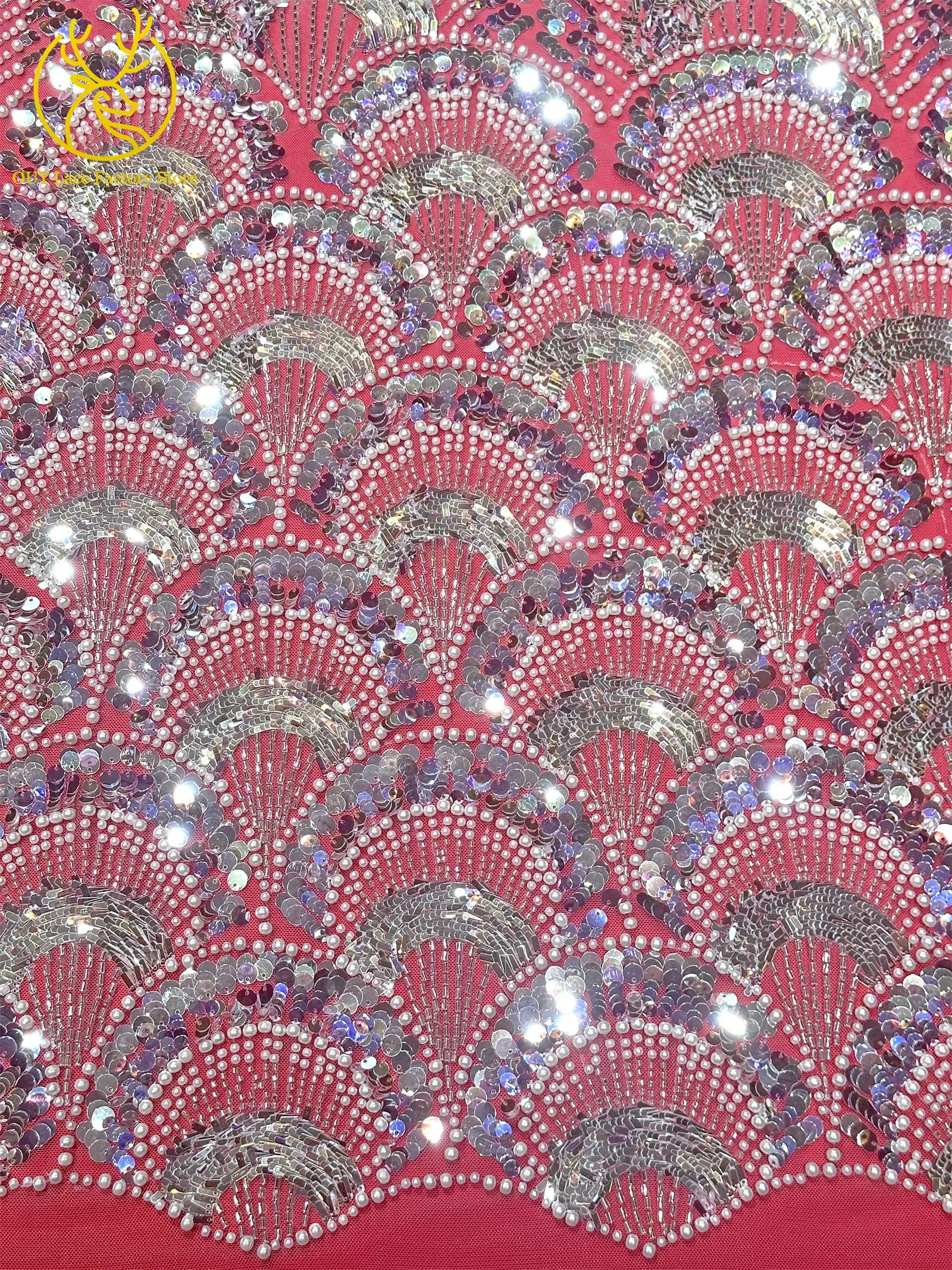 Roter französischer Tüll mit Perlen und Pailletten, Spitzenstoff 2026, hochwertiger afrikanischer Spitzenstoff, nigerianisch, zum Nähen von Hochzeits- und Abendkleidern – Detail 12