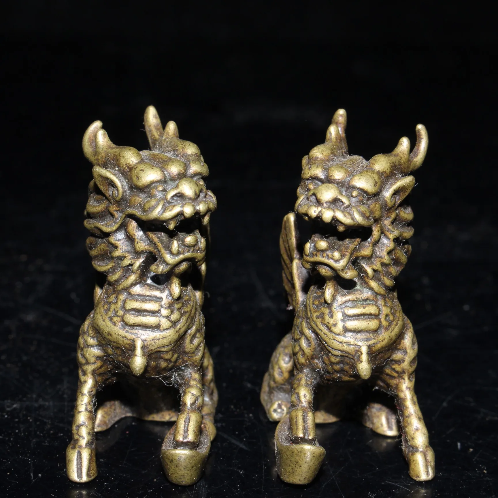 A Pair Feng Shui Brass Qilin Kylin Dragon Kirin Wealth Prosperity Small Statue