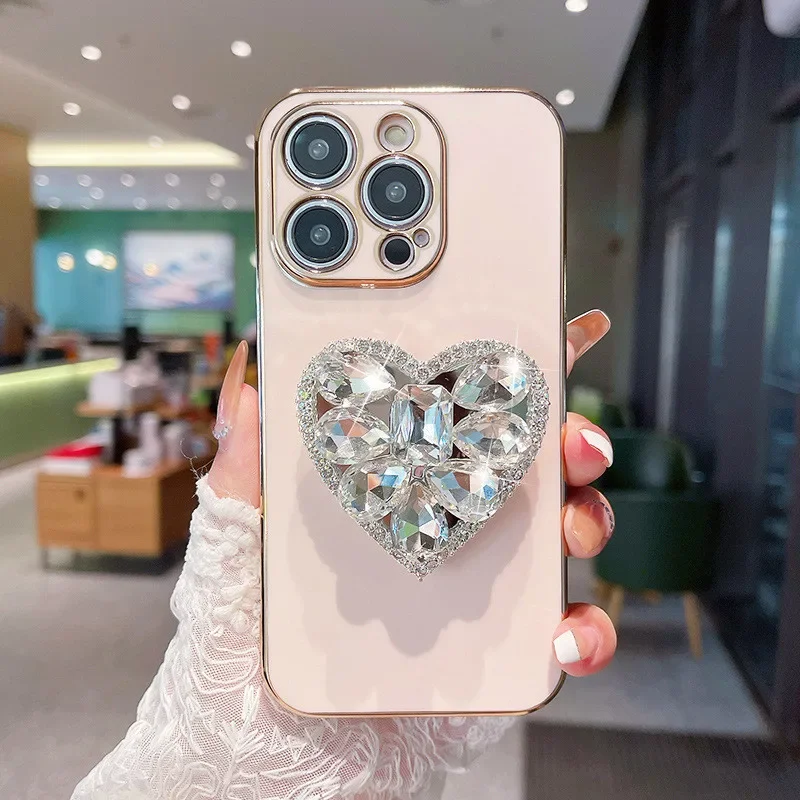 Deluxe Glitter Diamond Heart Stand Phone Case for iPhone 15 14 Plus 13 12 11 Pro Max Case