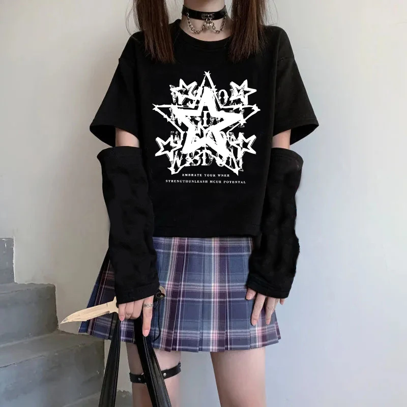 

Y2K Harajuku Эстетика Модный топ Готический Панк Креативная футболка с принтом пентаграммы Винтажная универсальная женская футболка High Street