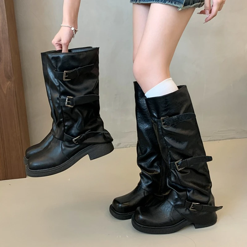 Otoño Invierno estilo callejero Mujer Botas hasta la rodilla Casual zapatos de fiesta de tacón bajo señoras Botas largas modernas Mujer