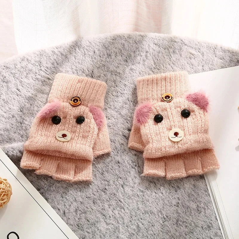 New Winter Kids Gloves Cute Bear Knit Gloves Imitation Cashmere Writing Riding Mitten Flip Cover Half Finger Children Warm Glove