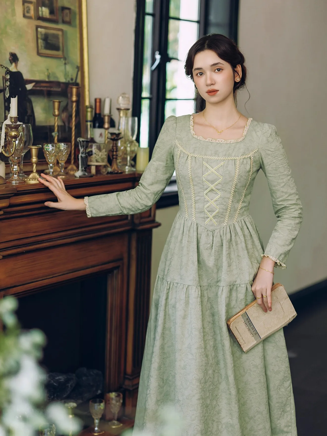 

TIYIHAILEY Women 100% Cotton Dress Full Sleeve Long Maxi Ladies Size S-XL Square Collar Vintage Green High Waist Zipper Lace