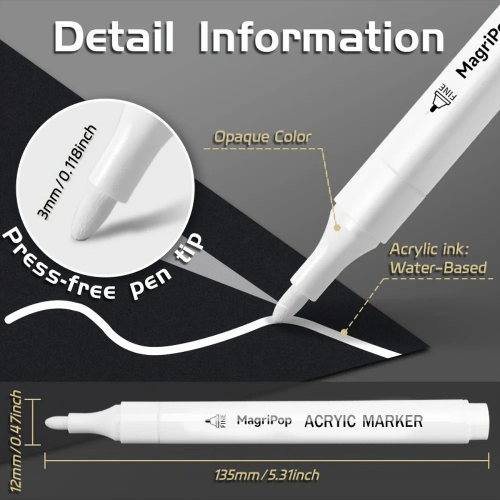20/5/1pcs White Acrylic Marker,Permanent Pen Art Supplies for Black Paper Tire Plastic Stone Metal Painting for Artists Beginner image 4