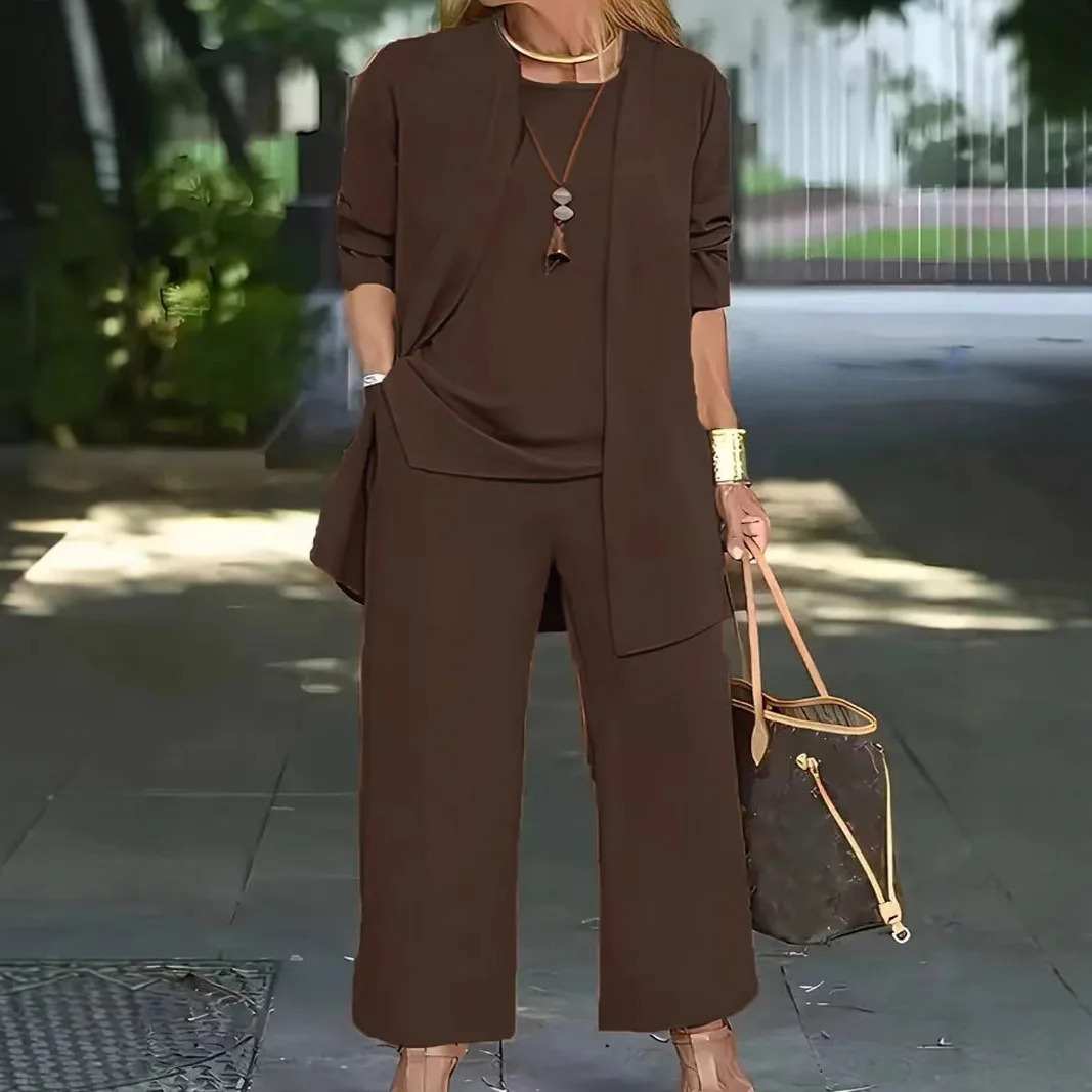 

Casual O Neck Vest Cardigan Three Piece Set Elegant Solid Color Loose Pants Outfit Autumn Winter Fashion Women Long Sleeved Suit
