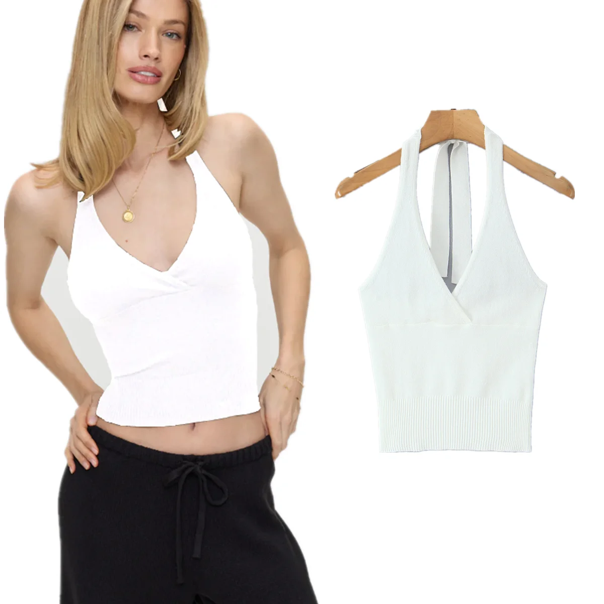 

Jenny&Dave French Fashion Lazy Vacation White Knitted Top Elegant V-neck Tank Camisole Summer T-shirt Women