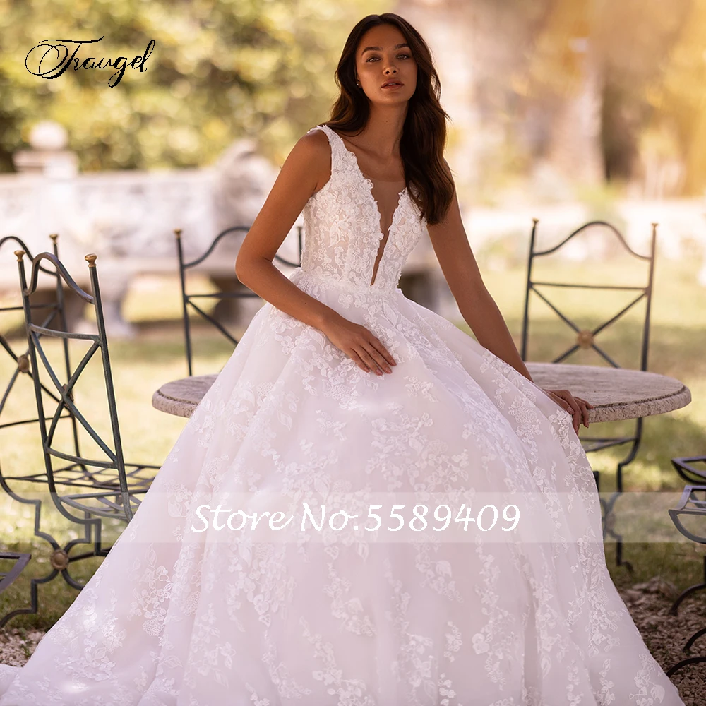 Traugel Elegant Backless V Neck Lace Vintage Wedding Dresses Luxury Appliques Beaded Tank Court Train A Line Bridal Gown