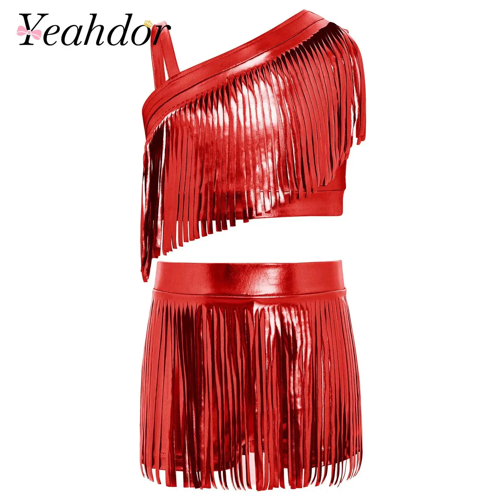 Girls Jazz Fringed Dance Outfit Sparkly Sequins Cha-cha Latin Dance Costume Rumba Tango Tassel Tank Tops Skirts Suits Dancewear
