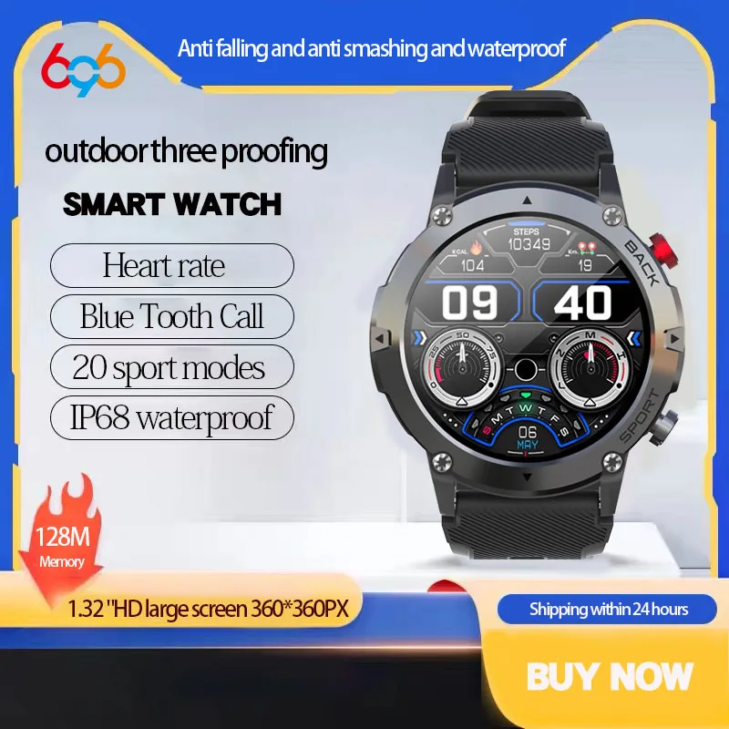 

Outdoors 1.32" Sports Smart Watch Blue Tooth Call Smartwatch Men Heart Rate Waterproof Music Watches Music Weater Clock