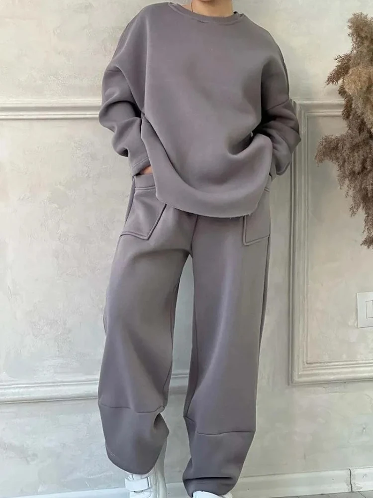 

Осень и зима, новая женская повседневная свободная толстовка с круглым вырезом и длинными рукавами, широкие брюки, спортивный комплект из двух предметов