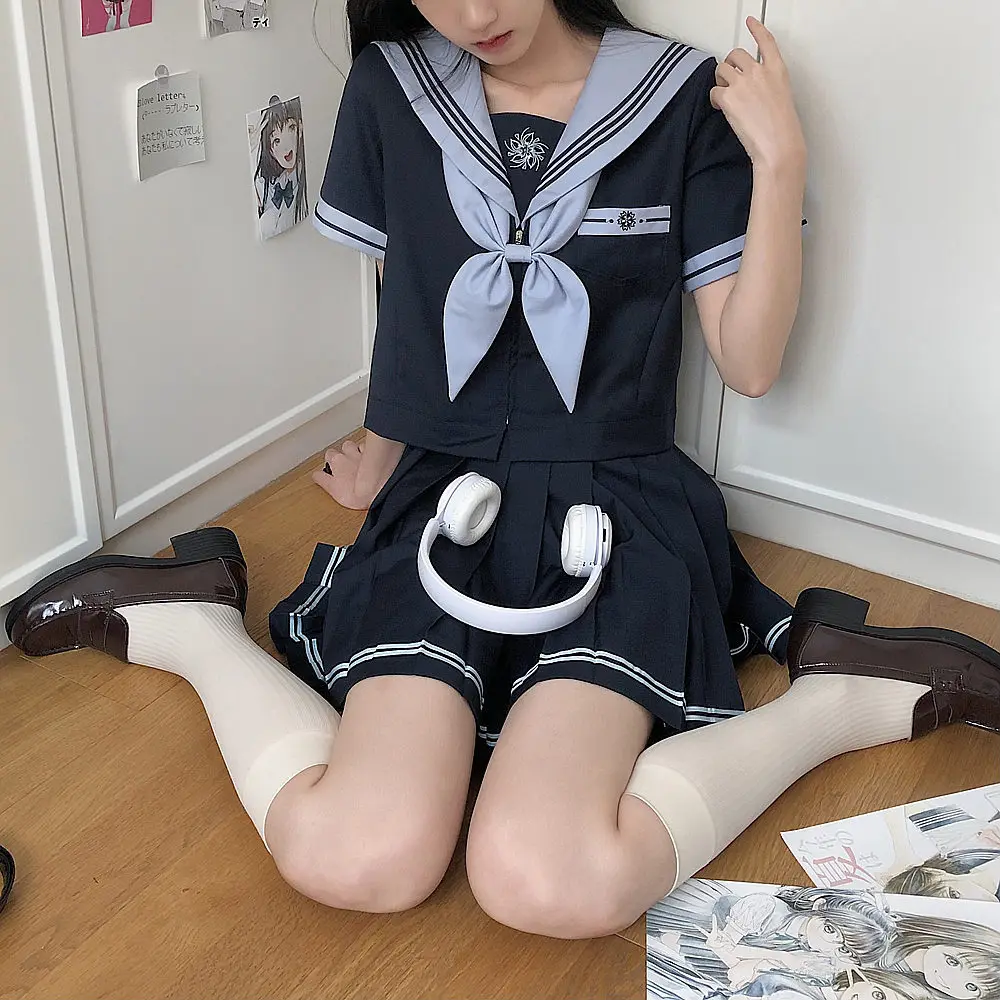 High School South Korea Students JK Uniform Short Sleeve Navy Pleated Shirts Female Summer Sailor Outfit Japanese Cosplay