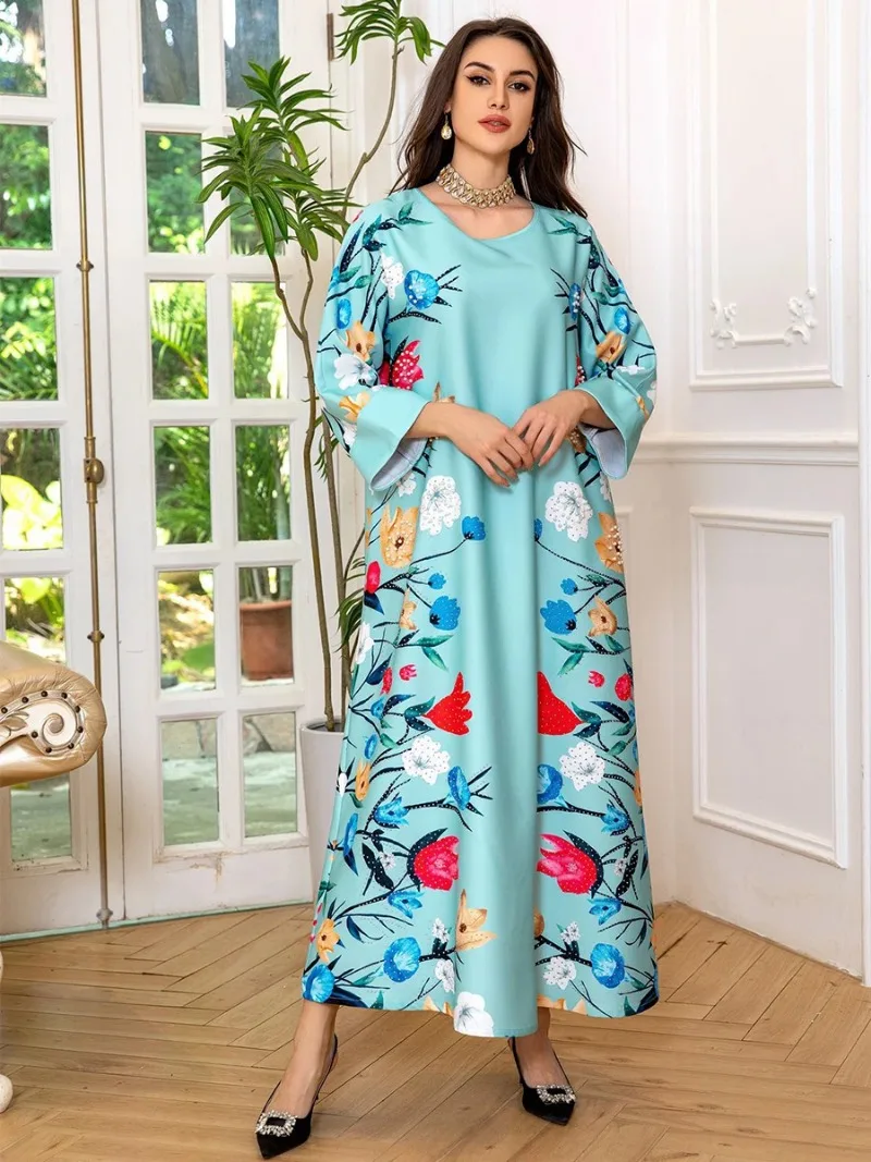 

Arab Dubai Fashion Printing Diamonds Casual Homewear Abayas For Muslim Women Ramadan Eid Robe Moroccan African Caftan