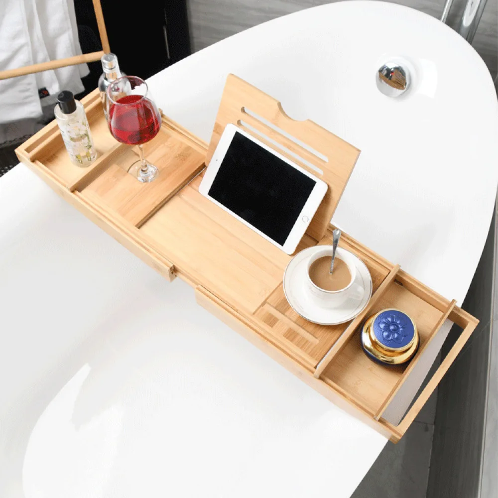 Luxury Expandable Bathtub Caddy Tray Bamboo Bath Shelf Organizer Non Slip Bathroom Storage Rack Tub Accessory Phone Holder