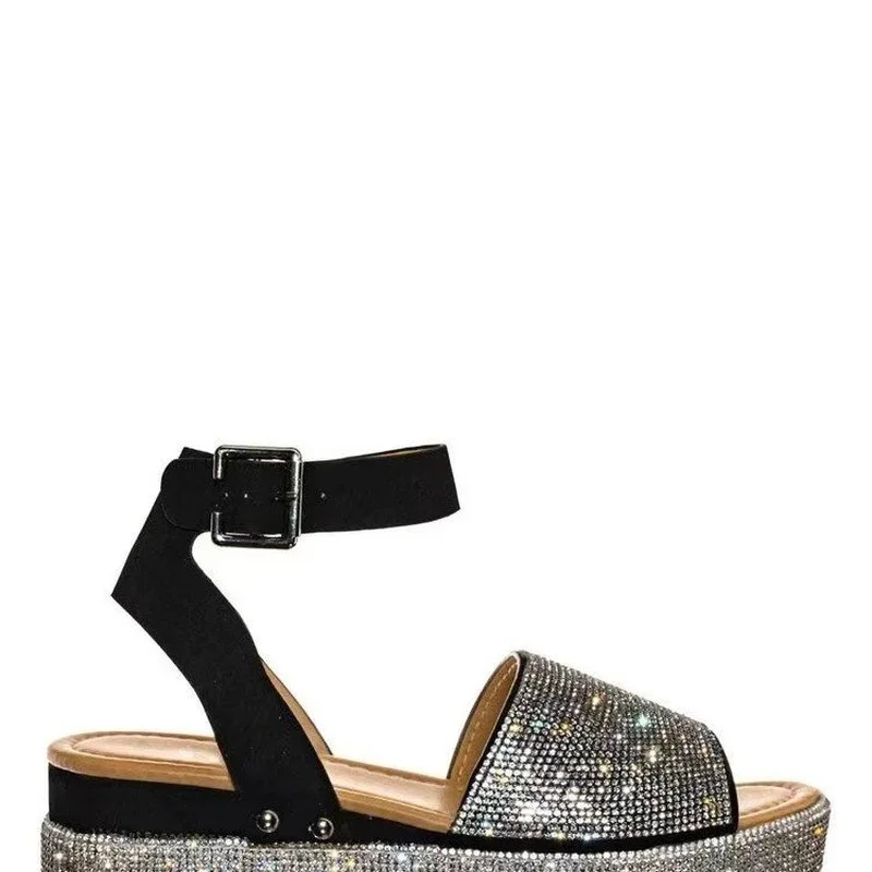 Sandalias de cuña con diamantes de imitación para mujer, zapatos de plataforma de tacón alto, sandalias informales de Punta abierta para exteriores, novedad de verano