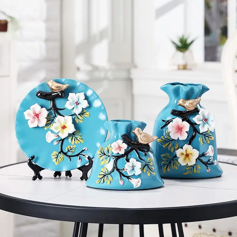 

Living room ceramic vase set - 3 piece entryway tv cabinet decor - premium floral arrangement ornaments