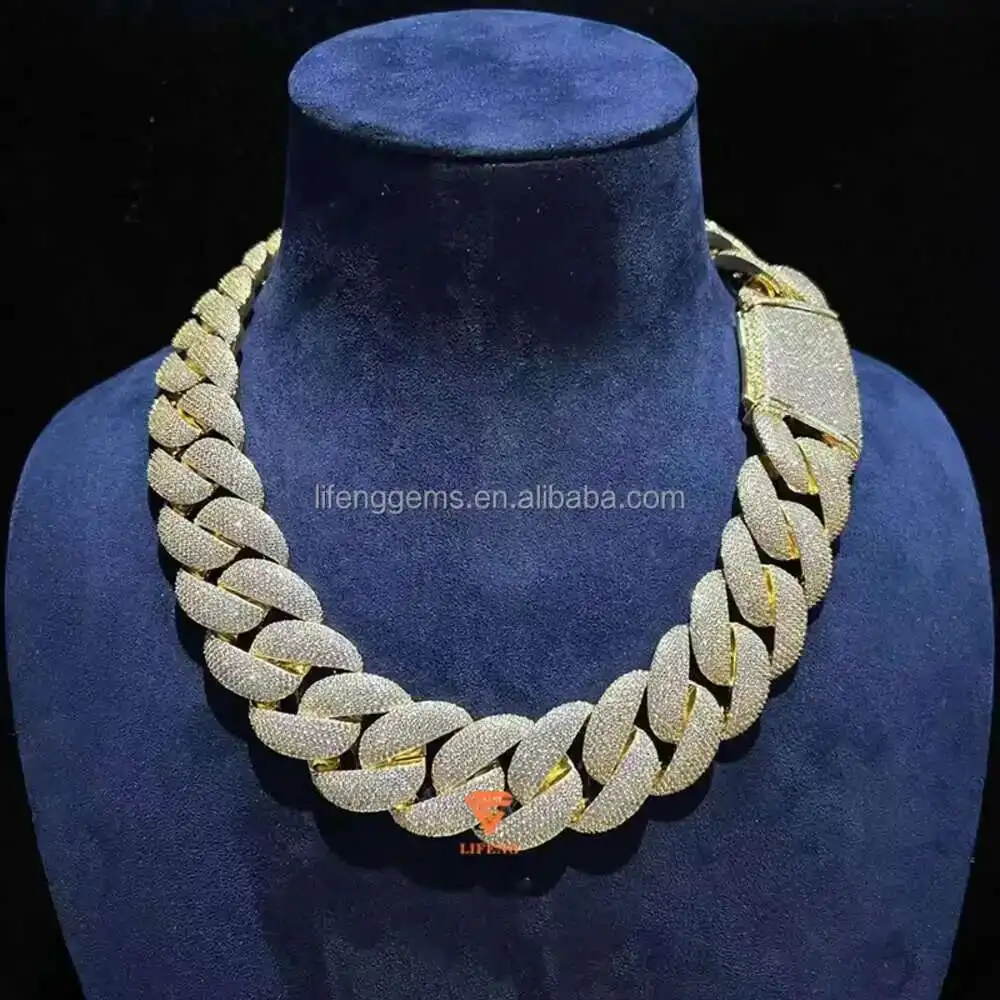 

18/20mm Hip Hop Jewely S925 Silver Gold Plated Mens Cuban Link Chain Vvs Moissanite Iced Out Miami Cuban Necklace